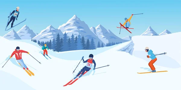 Kış sporları konsepti. Karlı Alplerde ya da dağlarda kayak ya da snowboard yapan mutlu erkek ve kadınlar. Yüksek uçurumlar, kar yığınları ve karakterlerle dolu bir manzara. Çizgi film düz vektör çizimi