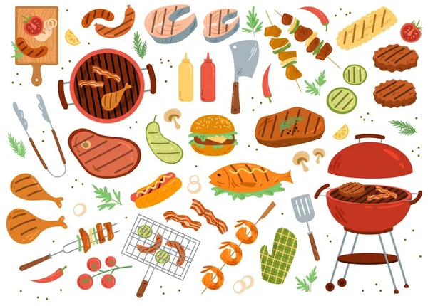 Bbq Party Icons Set Grilled Beef Meat Chicken Legs Smoked — Stock Vector