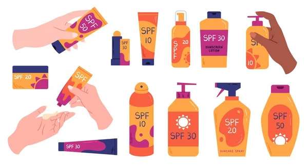 Sun Safety Collection Hands Bottles Tubes Sunscreen Cosmetic Products Lipstick — ストックベクタ