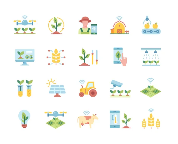 Smart Farm Colorful Icon Set Irrigation Devices Solar Panels Cameras — Vector de stock