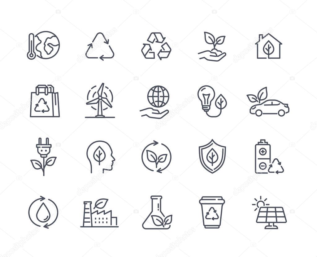 Ecology Simple Line Icons set. Alternative energy sources, solar panels, organic electricity. Design elements for applications and websites. Cartoon flat vector collection isolated on white background