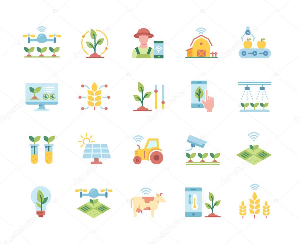 Smart farm colorful icon set. Irrigation devices, solar panels and cameras for monitoring of farm. Innovative technologies for agriculture. Cartoon flat vector collection isolated on white background