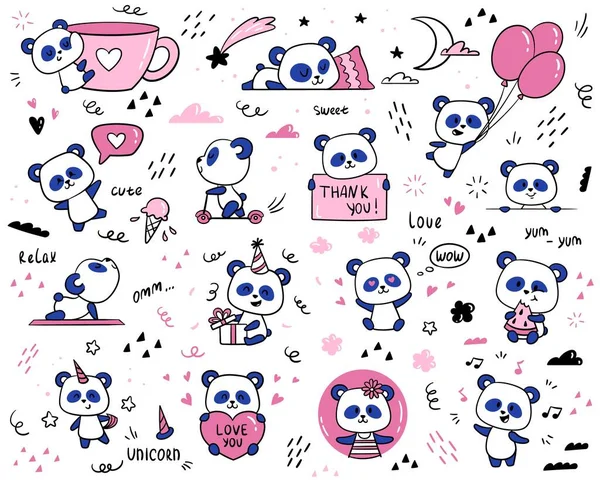 Set Cute Panda Funny Little Panda Drinks Coffee Holds Balloons — Archivo Imágenes Vectoriales