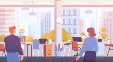Office work concept. Young employees communicate and discuss project in business center. Man and woman work in comfortable workspace. Teamwork and partnership. Cartoon flat vector illustration