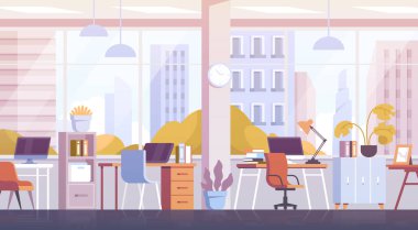 Modern ofis geçmişi. İş merkezinde rahat bir çalışma alanı. Çalışma odası, çalışma istasyonları, bilgisayarlar ve şehir manzarası. Çalışanlar için şık bir iç mekan. Çizgi film düz vektör çizimi