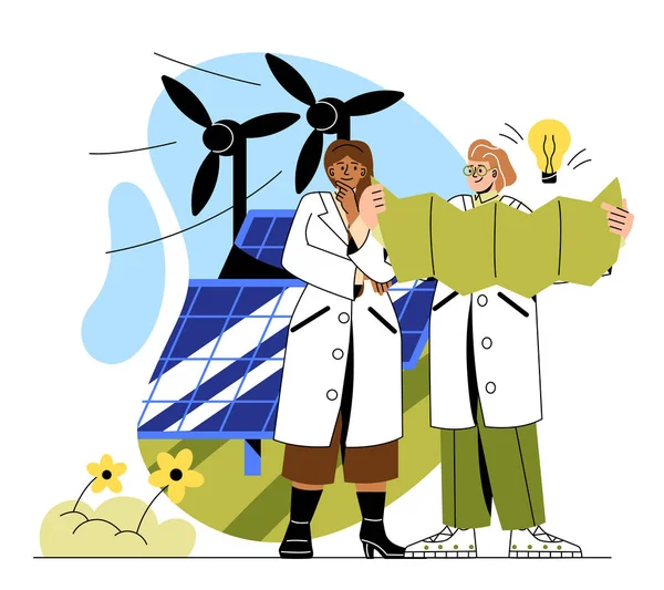 Environmental Protection Concept Alternative Energy Sources Solar Panels Windmills Man — Διανυσματικό Αρχείο