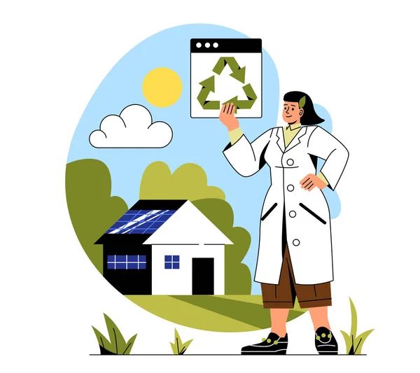 Concepto Protección Ambiental Científica Femenina Sosteniendo Cartel Reciclaje Presentando Casa — Archivo Imágenes Vectoriales
