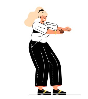 Animasyon için model kadın. Çömelme ya da egzersiz yapan genç ve güzel bir kız. Spor, spor ve aktif yaşam tarzı. Şık giyinmiş sevimli bir karakter. Çizgi film düz vektör çizimi