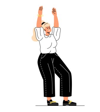 Animasyon için model kadın. Güzel genç kız ellerini kaldırır, dans eder ya da spor yapar. Aktif karakter ya da tasarım öğesi. Sevimli bir karakter. Çizgi film düz vektör çizimi