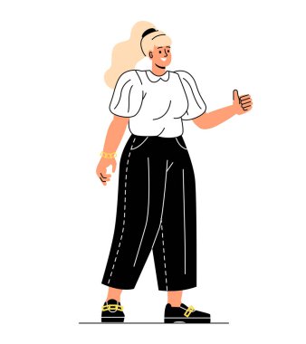 Animasyon için model kadın. Genç ve güzel bir kız avucuyla baş parmak işareti yapıyor. Derecelendirme, geri bildirim ya da olumlu görüş. Tatmin olmuş bir karakter. Çizgi film düz vektör çizimi