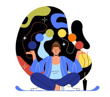 Meditation practice concept. Young girl practices yoga, sits in lotus position and achieves psychological harmony and tranquility. Relaxation and Zen. Cartoon flat vector illustration in doodle style