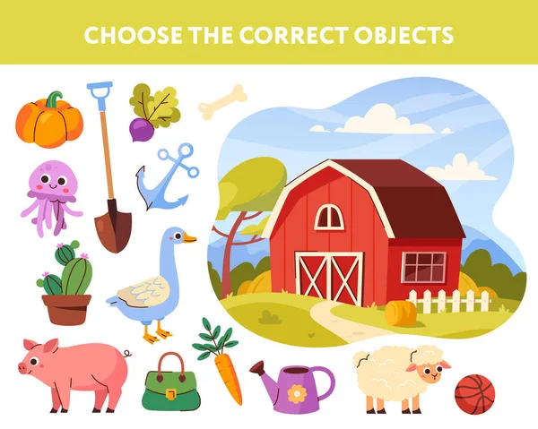 Educational Game Children Landscape Farm Barn Agricultural Animals Plants Pig — Stock vektor