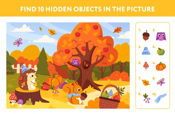 Educational Game Childrens Beautiful Autumn Landscape Hidden Objects Search Elements — Stockový vektor