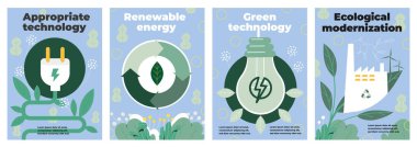 Doğa ve Yenilenebilir Enerji. Alternatif elektrik kaynakları, geri dönüşüm ve yeşil teknolojili posterler. Çevreye önem vermek. Çizgi film düz vektör koleksiyonu beyaz arkaplanda izole edildi