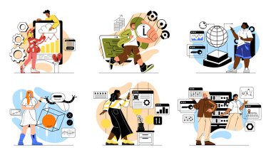 Büyük verilerle çalışan bir grup insan. Erkek ve kadın girişimciler bilgi veya iş süreçlerini analiz ederler. Çalışanlar şirketleri yönetir. Çizgi film düz vektör koleksiyonu beyaz arkaplanda izole edildi