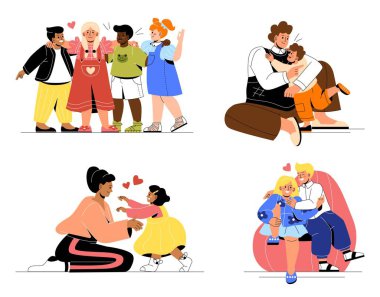 Set of warm kids hugs. Little boys and girls preschoolers embracing their friends, parents or brother and sister. Children express love. Cartoon flat vector collection isolated on white background