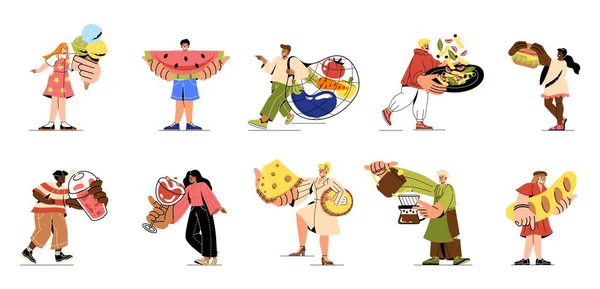 Set People Food Men Women Eat Organic Food Hold Watermelon — Image vectorielle