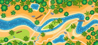 Forest landscape with river. Top view. Beautiful template with trees, shore and water. Colorful design element for mobile game interface or print. Map with canyon. Cartoon flat vector illustration