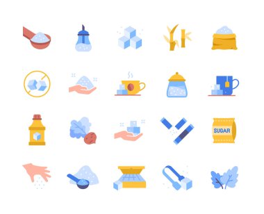 Şeker Renkli Simgeler seti. Tatlı içecekler, şeker şurubu, organik glikoz, baston ve pancar kaynaklı çıkartmalar. Uygulamalar için tasarım elemanları. Çizgi film düz vektör koleksiyonu beyaz arkaplanda izole edildi