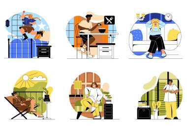 Yalnız yaşayan bir grup bekar insan. Erkekler ve kadınlar evde yalnız başlarına rahatlar, dans eder ve yemek yerler. Yalnız bir yaşam tarzı. Özel dairelerde mutlu karakterler. Çizgi film düz vektör koleksiyonu beyaz üzerine izole edildi