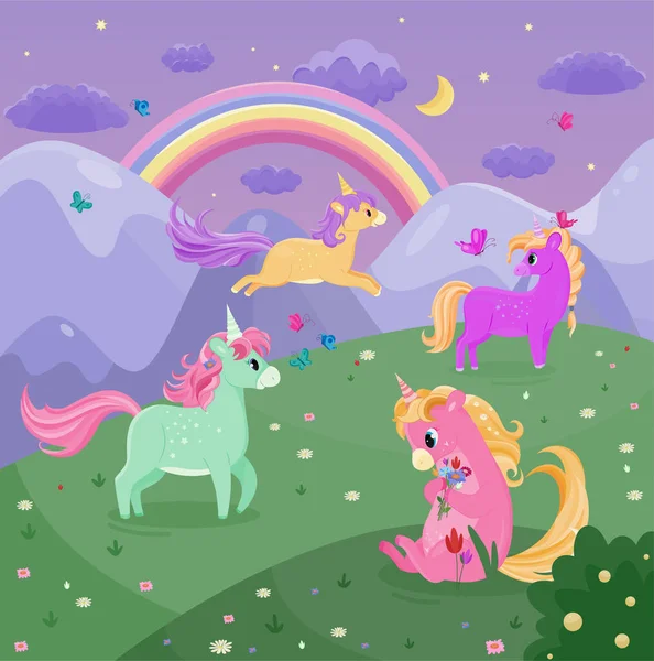 Set Funny Small Unicorns Cute Fairy Creatures Ponies Horses Run — стоковый вектор