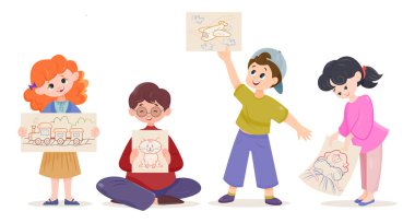 Set of Kids show drawings. Happy boys and girls present painting works on sheets of paper. Creative kids with art. Preschool education. Cartoon flat vector collection isolated on white background
