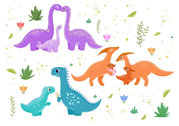 Set Cute Dinosaur Families Illustrations Dyno Parents Baby Fairy Tale — Archivo Imágenes Vectoriales