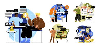 Çevrimiçi tıbbi servis kavramı. Doktor ya da teletıp ile uzaktan konsültasyon. Hastalar internet üzerinden terapistlerle iletişim kurar ya da görüşürler. Çizgi film düz vektör koleksiyonu beyaz arkaplanda izole edildi