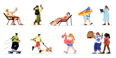 Summer vacation concept. Set of scenes with men and women relaxing on beach, skating, reading book, walking with pet and going camping. Cartoon flat vector collection isolated on white background
