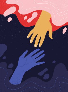 El konseptine yardımcı oluyorum. Birbirine uzanan iki avuç dolusu insan. İş desteği, toplantı ya da takım çalışması. Birlik, işbirliği ya da ortaklık için metafor. Çizgi film düz vektör çizimi