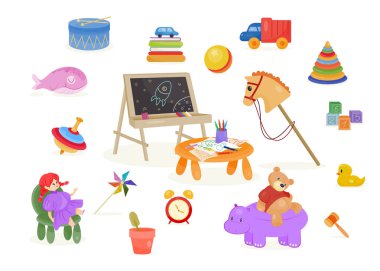 Cute baby toys set. Plastic cubes, drums, truck and chalk board or plush doll, shark or bear. Items for entertainment, play and education of children. Cartoon flat vector collection isolated on white