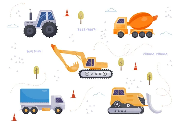 Set Cute Cars Stickers Kids Bulldozer Tractor Excavator Truck Design — стоковый вектор