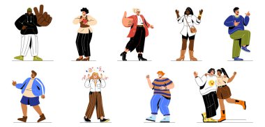Set of People Showing Positive Gestures. Happy men and women experience and express positive emotions through body language. Thumbs up, peace and Yeah. Cartoon flat vector collection isolated on white