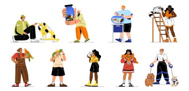 Bir grup insan ve evcil hayvanları. Köpeği, salyangozu, rakunu, kedisi, tavşanı ve papağanı olan genç erkek ve kadınlar. Sahipleri hayvanlarını sever ve onlarla ilgilenir. Çizgi film düz vektör koleksiyonu beyaz arkaplanda izole edildi