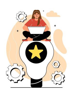 Idea for success. Startup and creation of new profitable business. Girl makes important decision. Woman sitting on large light bulb. Brainstorming and creativity. Cartoon flat vector illustration