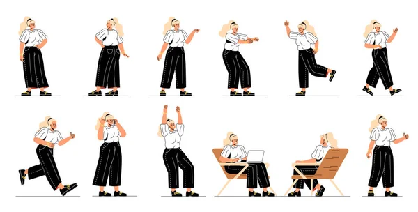 Set Woman White Shirt Black Pants Girl Different Poses Emotions — Image vectorielle