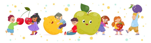 Conjunto Niños Sosteniendo Frutas Lindos Niños Niñas Juegan Con Manzana — Archivo Imágenes Vectoriales