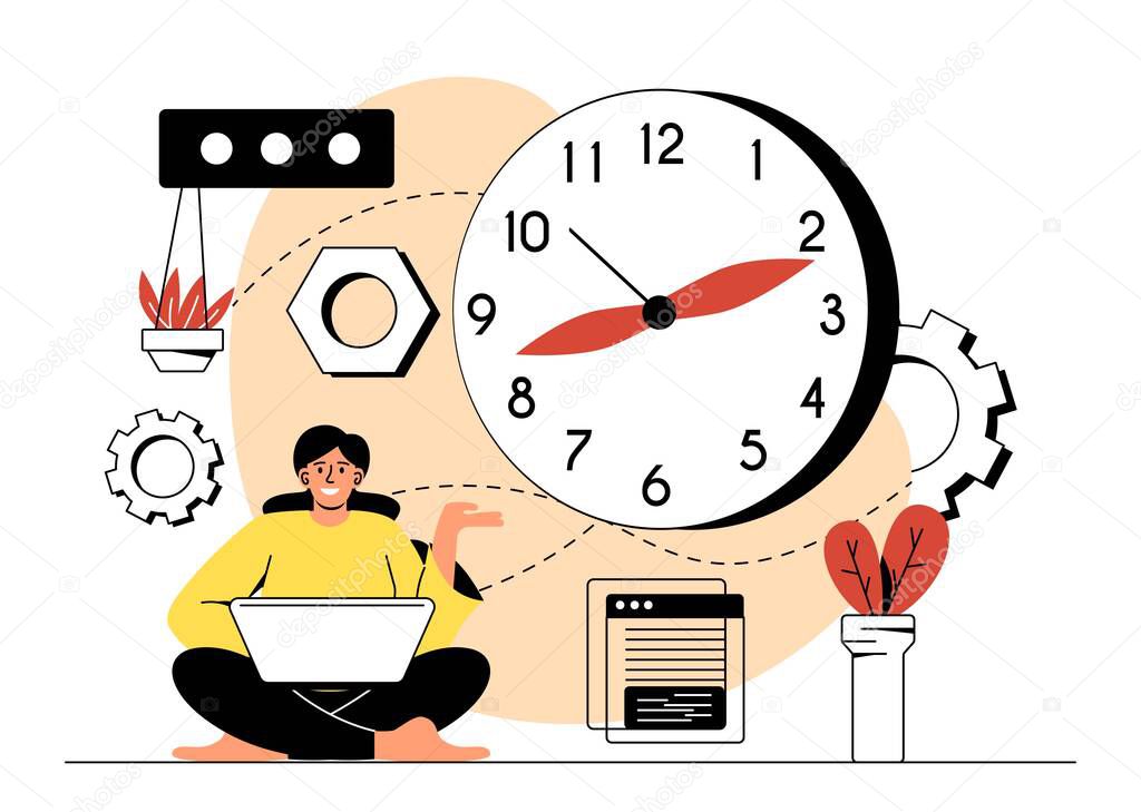 Concept of time management. Successful completion of tasks. Efficiency and productivity. Young executive girl sitting in lotus position and working on laptop. Cartoon flat vector illustration