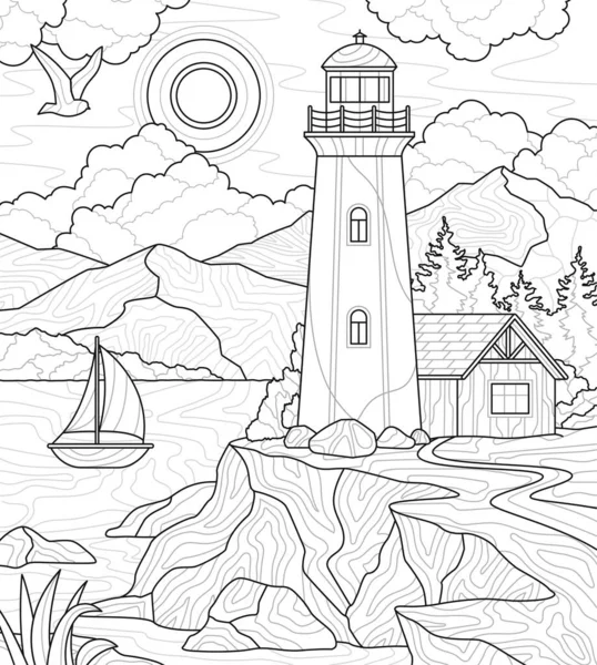 Design for coloring book. Composition with lighthouse on mountain or rock, sea and ships. Antistress or entertainment for adults and children. Simple linear vector illustration in zen tangle style