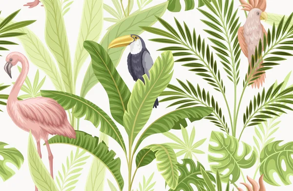Realistic Tropical Seamless Pattern Repeating Template Palm Leaves Exotic Birds — Stockový vektor