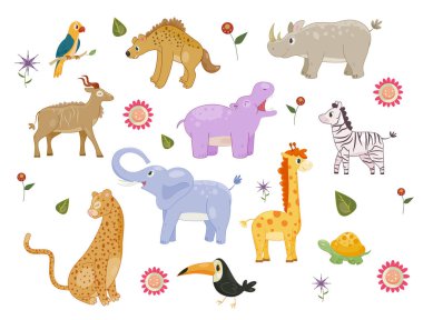 Afrika hayvanları seti. Vahşi bozkırların ya da ormanların sakinlerinin olduğu çıkartmalar. Çita, fil ve zürafa, zebra ve su aygırı, tukan ve papağan. Çizgi film düz vektör koleksiyonu beyaz üzerine izole edildi