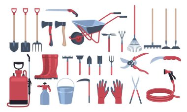 Bahçe aletleri. Tarım ve tarım için ekipmanlı çıkartmalar. Secateurs, hortum, tırmık, kürek, bot, balta ve kova. Site için tasarım elemanları. Çizgi film düz vektör koleksiyonu beyaz üzerine izole edildi
