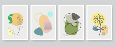 Botanik duvar sanat vektörleri seti. Memphis 'in soyut şekilli yaprak çizimleri. İzler, kapaklar, duvar kağıtları, asgari ve doğal duvar sanatı için soyut bitki tasarımı