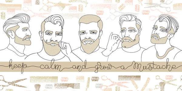 Portretten van mannen met een baard. Naadloos patroon. Line art stijl. — Stockvector