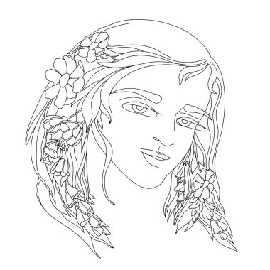 Saçında çiçekler olan genç bir kadın. Taslak vektör illüstrasyonu.