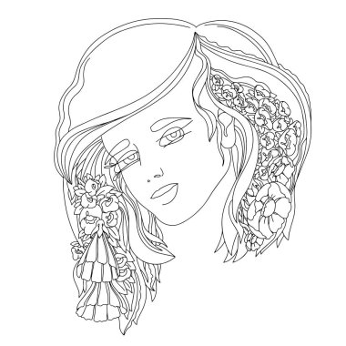 Saçında çiçekler olan genç bir kadın. Taslak vektör illüstrasyonu.