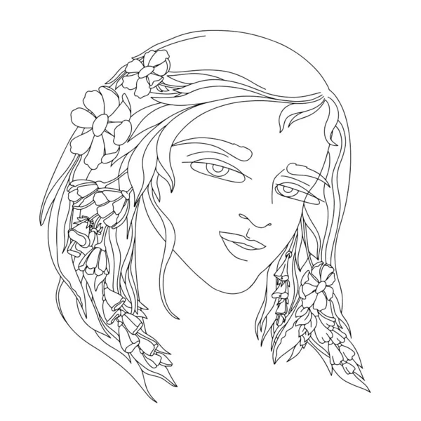 Mujer joven con flores en el pelo. Esquema ilustración vectorial. — Archivo Imágenes Vectoriales