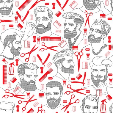 Erkekler ve berber aletleri. Kusursuz desen. Vektör illüstrasyonu.