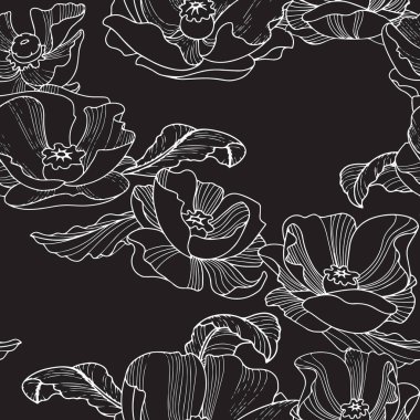 Siyah arka planda doğrusal gelincik çiçekleri. Kusursuz desen. Çiçek Vektörü.