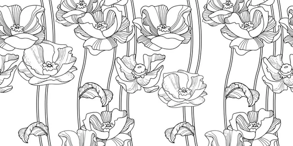 Linear poppy Flowers on white background. Seamless pattern. Floral Vector. — Stockvektor